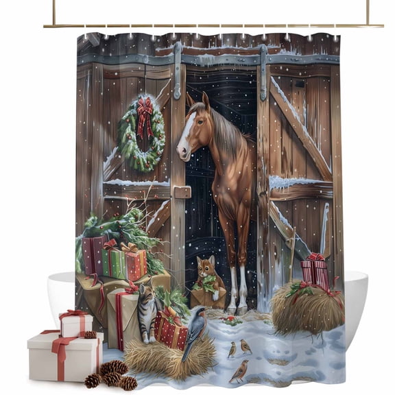 Christmas Shower Curtains Farmhouse Horse Cat Bath Curtain Pine Tree Branch Snowflake Waterproof Seasonal Bathroom Shower Curtain Set with Hooks Decoration 72 x 78 Inches