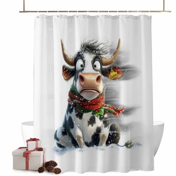 Christmas Shower Curtains Funny Cow Cartoon Bath Curtain Winter Snowy Waterproof Seasonal Bathroom Shower Curtain Set with Hooks Decoration 66 x 72 Inches