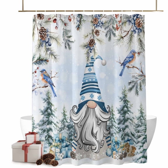 Christmas Shower Curtains Gnome Pine Tree Forest Bath Curtain Bird Branch Blue Waterproof Seasonal Bathroom Shower Curtain Set with Hooks Decoration 36 x 72 Inches