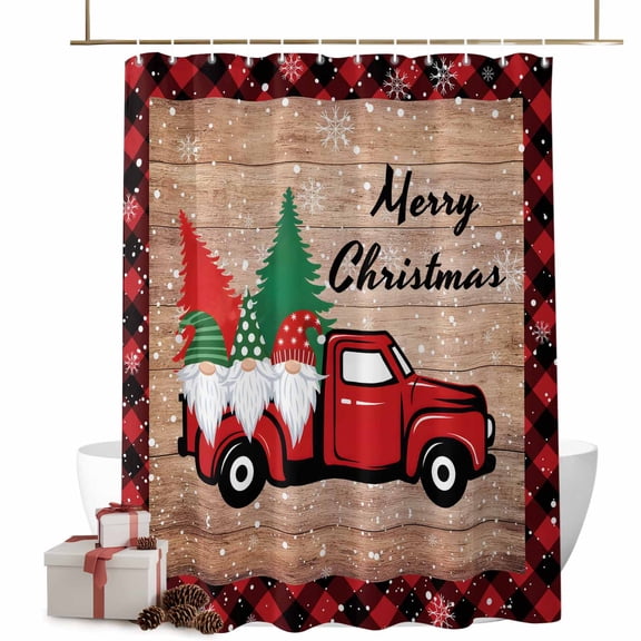 Christmas Shower Curtains Gnomes Pine Trees Bath Curtain Snowflake Red Truck Wood Grain Waterproof Seasonal Bathroom Shower Curtain Set with Hooks Decoration 36 x 72 Inches