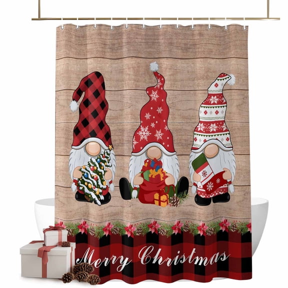 Christmas Shower Curtains Gnomes Poinsettia Holly Leaf Bath Curtain Buffalo Plaid Wood Grain Waterproof Seasonal Bathroom Shower Curtain Set with Hooks Decoration 48 x 72 Inches