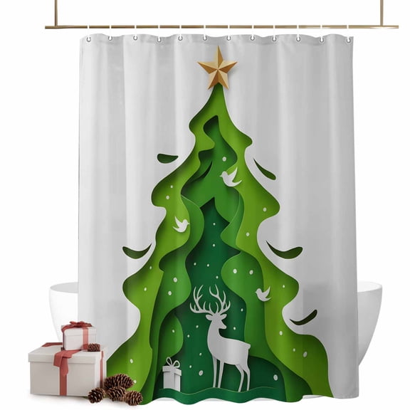 Christmas Shower Curtains Green Xmas Tree Abstract Bath Curtain Elk Reindeer Bird Snow Waterproof Seasonal Bathroom Shower Curtain Set with Hooks Decoration 36 x 72 Inches