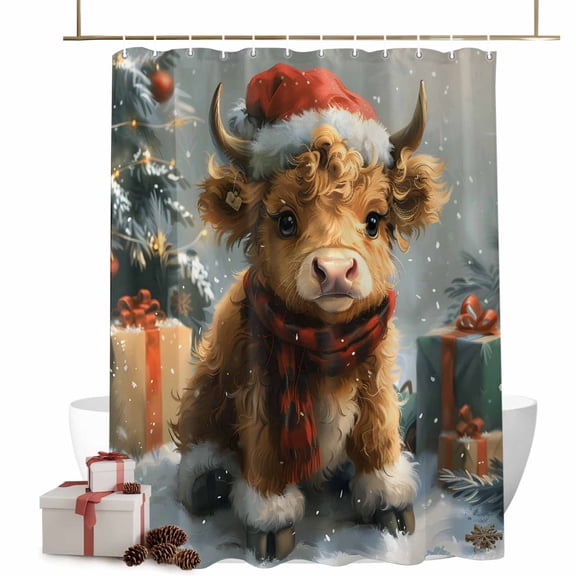 Christmas Shower Curtains Highland Cow Red Hat Bath Curtain Pine Tree Gifts Waterproof Seasonal Bathroom Shower Curtain Set with Hooks Decoration 72 x 78 Inches