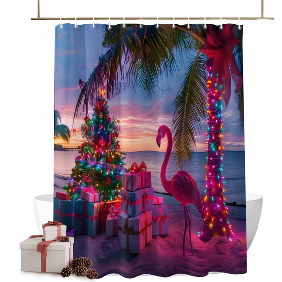 Christmas Shower Curtains Palm Tree Gifts Bath Curtain Xmas Tree Ball Bird Waterproof Seasonal Bathroom Shower Curtain Set with Hooks Decoration 48 x 72 Inches