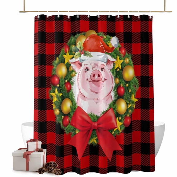 Christmas Shower Curtains Pig Pine Needles Wreath Bath Curtain Xmas Ball Stars Buffalo Plaid Waterproof Seasonal Bathroom Shower Curtain Set with Hooks Decoration 66 x 72 Inches