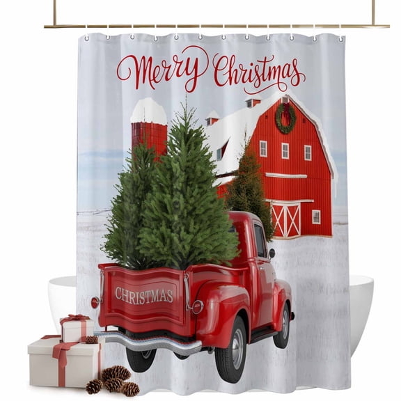 Christmas Shower Curtains Pine Tree Red Truck Bath Curtain Barn Snow Waterproof Seasonal Bathroom Shower Curtain Set with Hooks Decoration 36 x 72 Inches