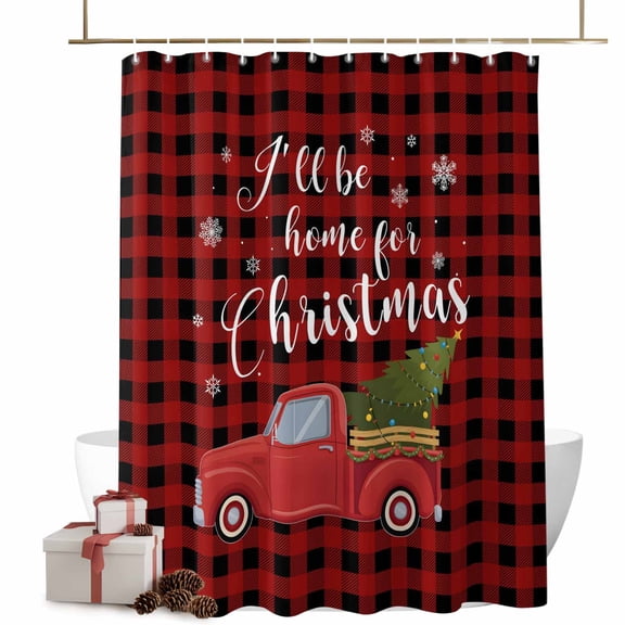 Christmas Shower Curtains Red Truck Green Xmas Tree Bath Curtain Snowflake Buffalo Plaid Waterproof Seasonal Bathroom Shower Curtain Set with Hooks Decoration 48 x 72 Inches