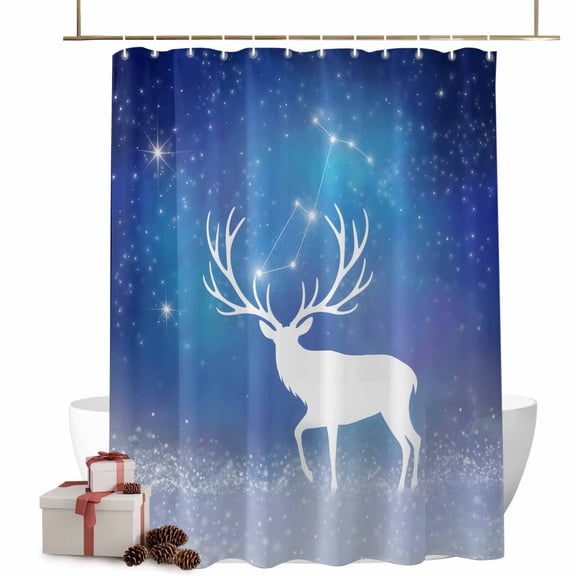 Christmas Shower Curtains Reindeer Stars Snow Bath Curtain Ombre Blue White Waterproof Seasonal Bathroom Shower Curtain Set with Hooks Decoration 72 x 72 Inches