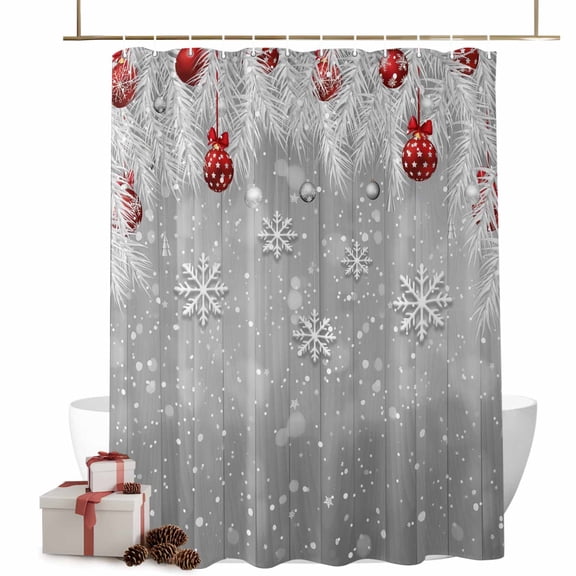 Christmas Shower Curtains Snowflake Snow Bath Curtain Pine Needles Berry Gray Waterproof Seasonal Bathroom Shower Curtain Set with Hooks Decoration 72 x 72 Inches