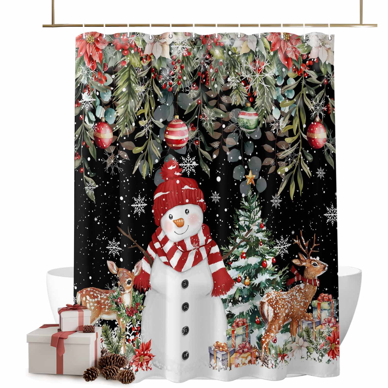 Christmas Shower Curtains Snowman Poinsettia Bath Curtain Reindeer Red