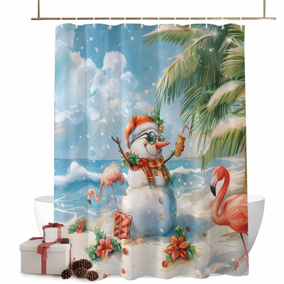 Christmas Shower Curtains Snowman Poinsettia Flower Bath Curtain Bird Beach Blue Sky Waterproof Seasonal Bathroom Shower Curtain Set with Hooks Decoration 36 x 72 Inches