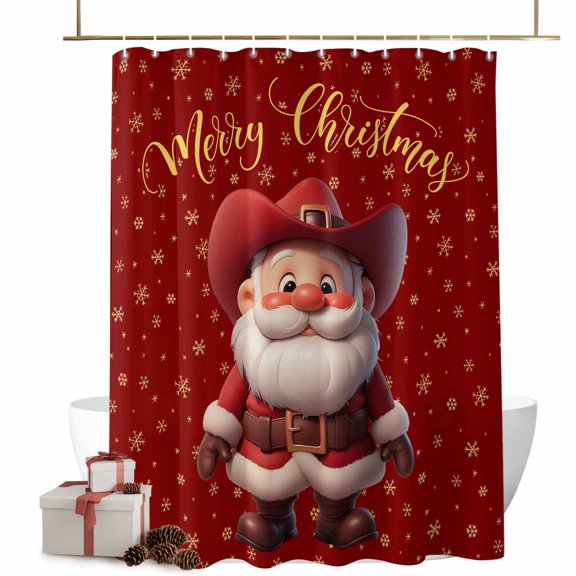Christmas Shower Curtains Western Cowboy Santa Claus Bath Curtain Red Christmas Snowflakes Waterproof Seasonal Bathroom Shower Curtain Set with Hooks Decoration 48 x 72 Inches