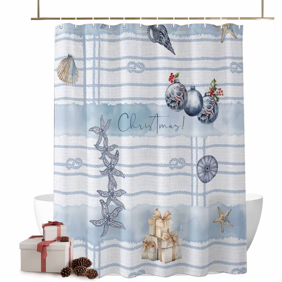 Christmas Shower Curtains Xmas Ball Starfish Seashell Bath Curtain Berry Gift Blue Rope Waterproof Seasonal Bathroom Shower Curtain Set with Hooks Decoration 60 x 72 Inches