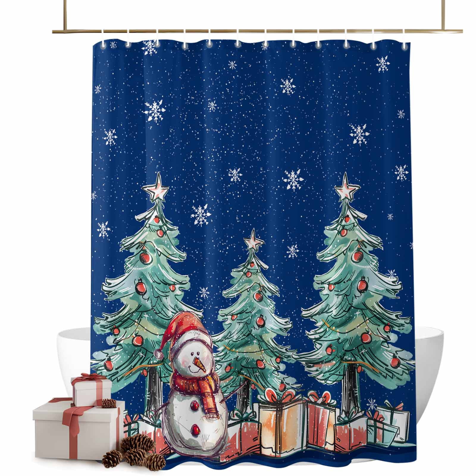 Christmas Shower Curtains Xmas Tree Snow Bath Curtain Hand Drawn