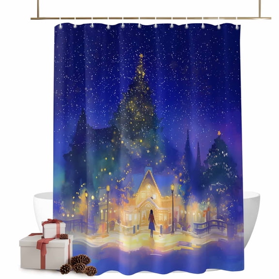 Christmas Shower Curtains Xmas Tree Star Sky Blue Bath Curtain Girl Snowy Waterproof Seasonal Bathroom Shower Curtain Set with Hooks Decoration 48 x 72 Inches