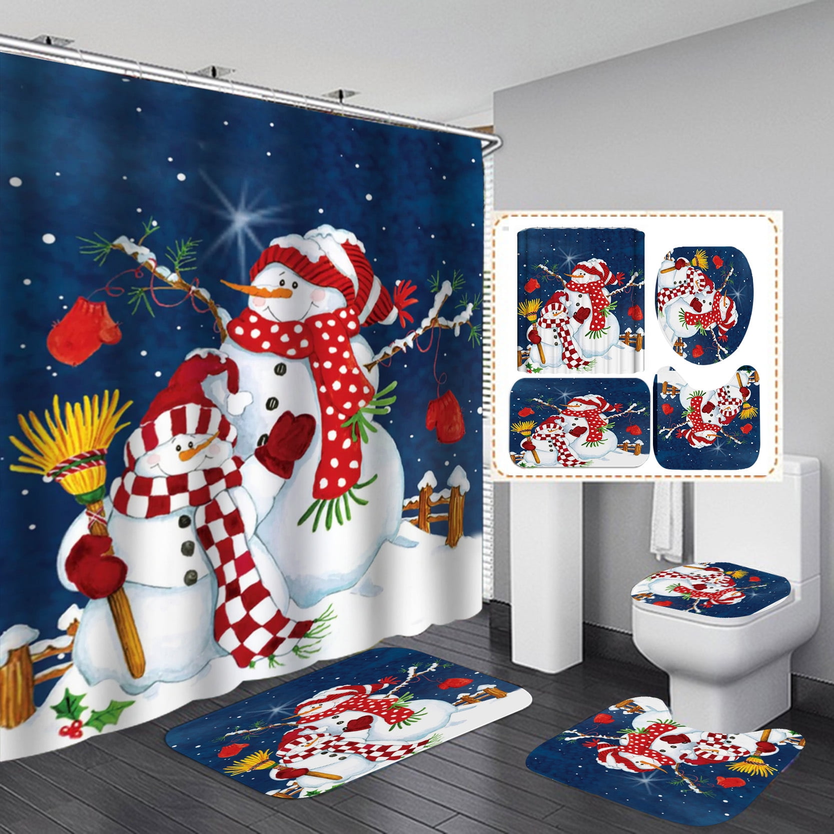 Christmas Shower Curtains and Bath Rug Set, Winter Snowman Bathroom Decor Sets, Xmas Waterproof