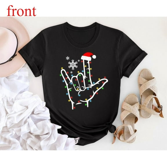 Christmas Sign Language Tee T Shirt Graphic Tops I Love You Hand Xmas Lights Design Short Sleeve Round Neck Black S-5XL