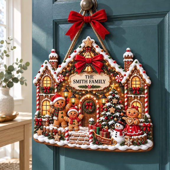 Christmas Sign, Personalized 2026 Gingerbread House Door Hanging for Holiday Decor