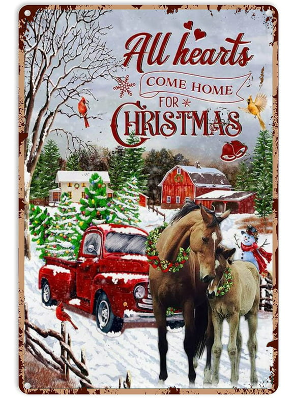 Christmas Signs for Home Decor All Hearts Goat Home for Christmas Metal Sign Decor Tin Aluminum Sign Wall Art Metal Poster for Porch Home Bedroom Indoor 12x8 inch
