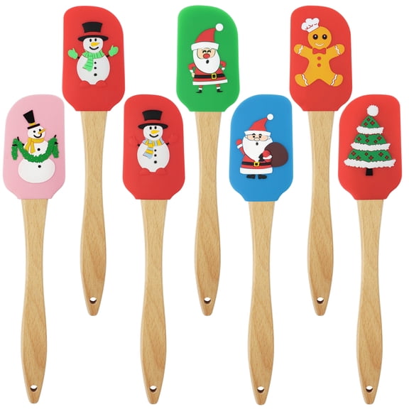 Christmas Silicone Spatula Set with Wooden Handle, Set of 7, Santa Claus Pattern Spatula, Christmas Cake Decorating Spatula for Stir Butter Cream