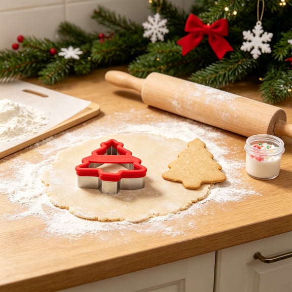 Christmas Silicone Stainless Steel Cookie Cutter Tree Snowflake Star Stocking Shape Molds for Holiday Baking Tools,1PCS