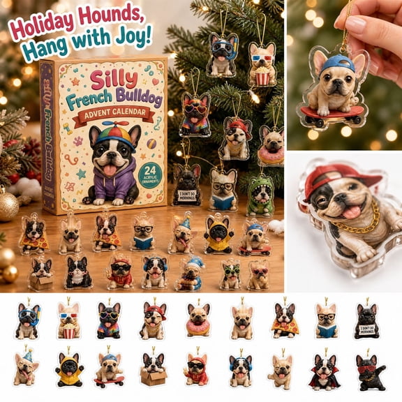 Christmas Silly French Bulldog Advent Calendar, 24-Day Collectible French Bulldog Ornament Set, Playful Winter Mantel Scene, Holiday Table Centerpiece, 24PC