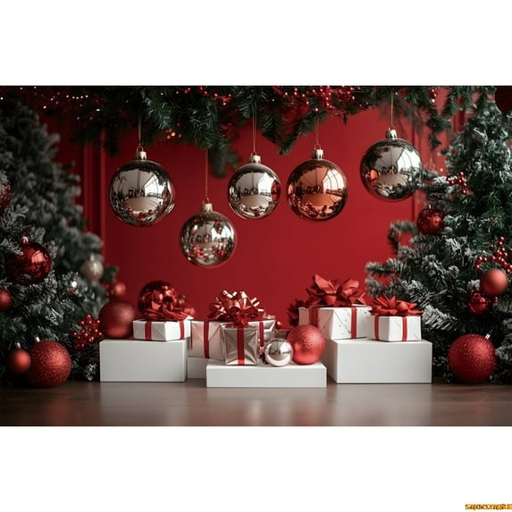Christmas Silver Light Balls Red Wall Background Gift Xmas Tree Party Childr Family Portrait Photography Backdrop Studio Props