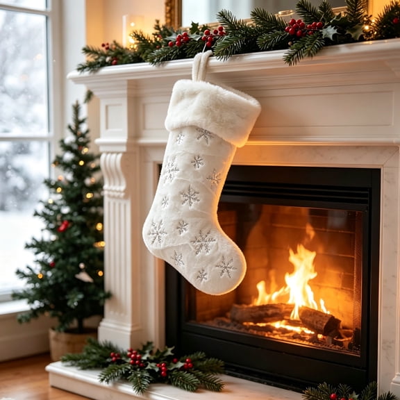 Christmas Silver Sequin Snowflake Stocking, 19.3 x 12.6 Inch Plush Embroidered Gift Bag with Loop, Elegant Fireplace Tree Mantel Decor for Home Party, Seasonal Accent