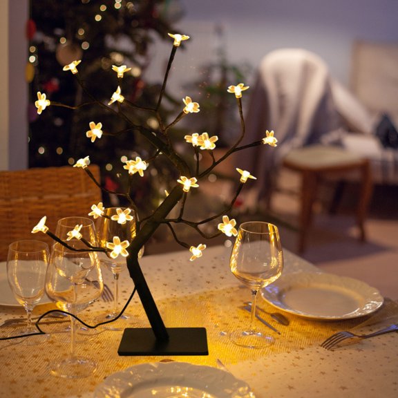 Christmas Simulation Cherry Blossom Tree Light, USB Powered Bendable LED Lamp, Warm White Glow Ambient Light for Desktop Floor Dining Room Christmas Thanksgiving Home Holiday Decor
