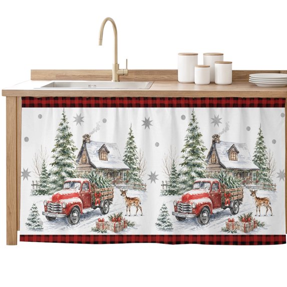Christmas Sink Skirt for Bathroom, Self-Adhesive Under Sink Curtain, Xmas Trees Truck Elk Gifts Winter Farmhouse Plaid Red Hide Pipes & Storage Fabric Cabinet Skirt Cover for Kitchen Laundry 32"x55"