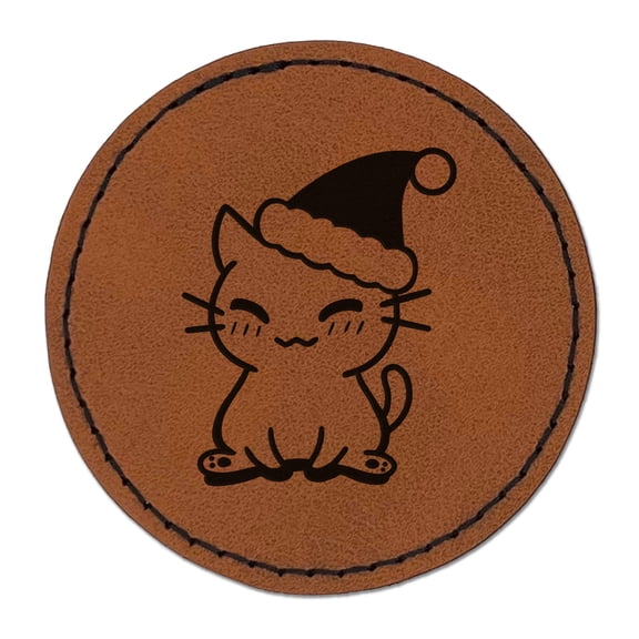 Christmas Sitting Cat Santa Hat 2.5" Faux Leather Round Engraved Iron-On Patch - Brown