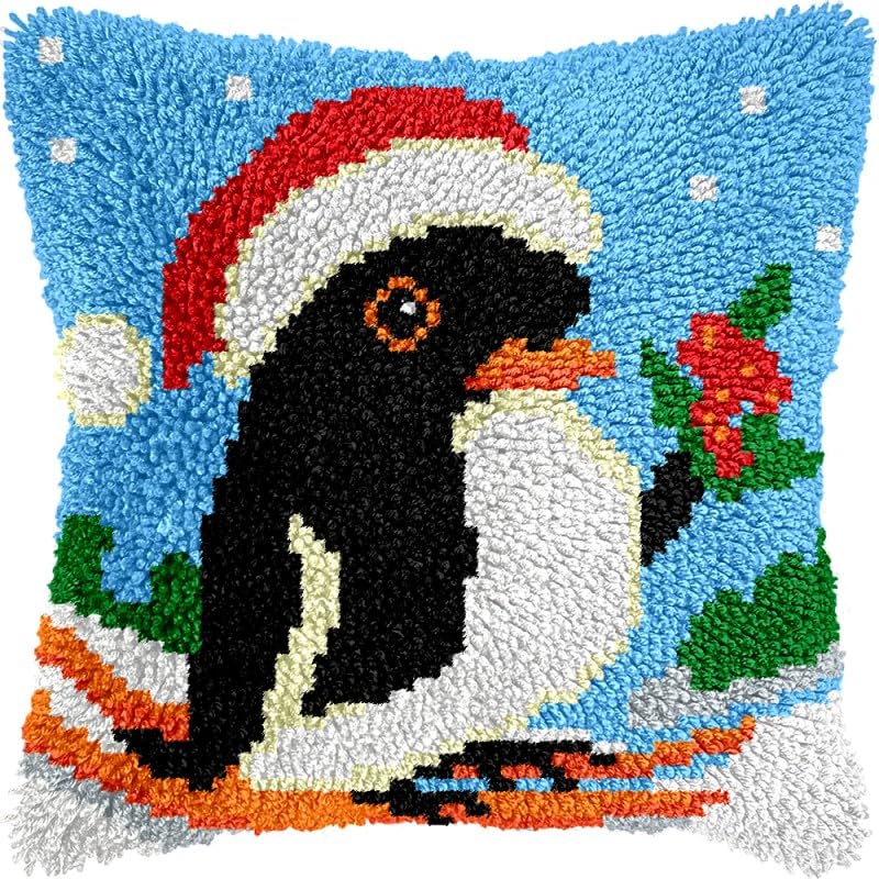 Christmas Skating Penguin Latch Hook Pillow Kits Pillow Cover with Pattern Printed Canvas Sofa Hooking Pillowcase Cushion Crafts Embroidery Latch Hooking Crochet Starter Kits 17x17 inch(1)