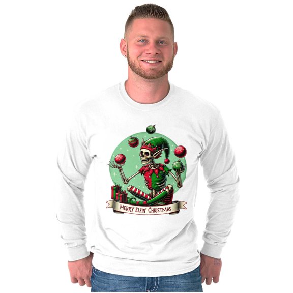 Christmas Skeleton Juggling Elf Long Sleeve TShirt Men Women Brisco Brands S