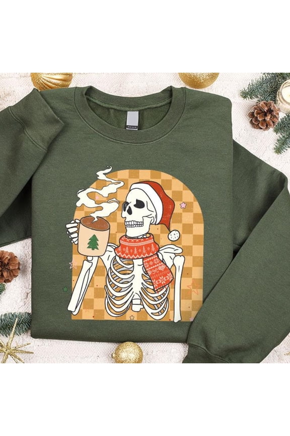Christmas Skeleton, Skeleton Coffee Christmas Gift, Sarcastic Christmas Coffee Longsleeve, Merry Christmas Sweater, Millitary Green Sweatshirt