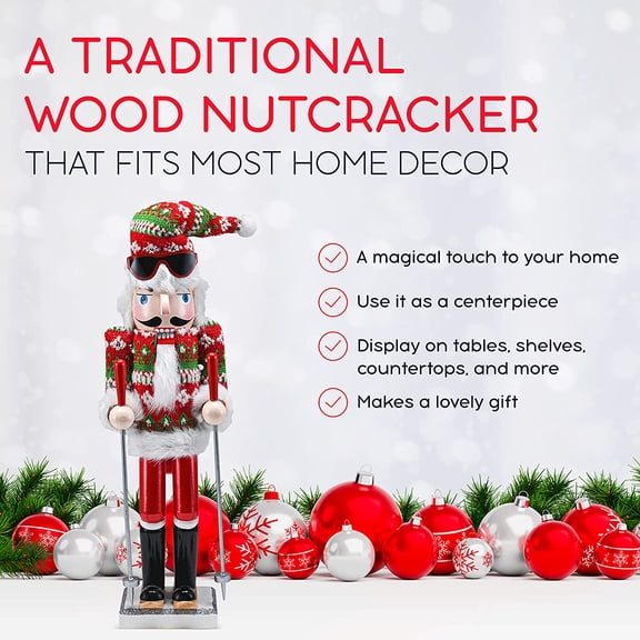 Christmas Skier Man Nutcracker  Red and Green Wooden Nutcracker Guy with Ugly Sweater and Ski Sticks in Skiing Pose Xmas Themed Holiday Nut Cracker Doll Figure Decorations 15"