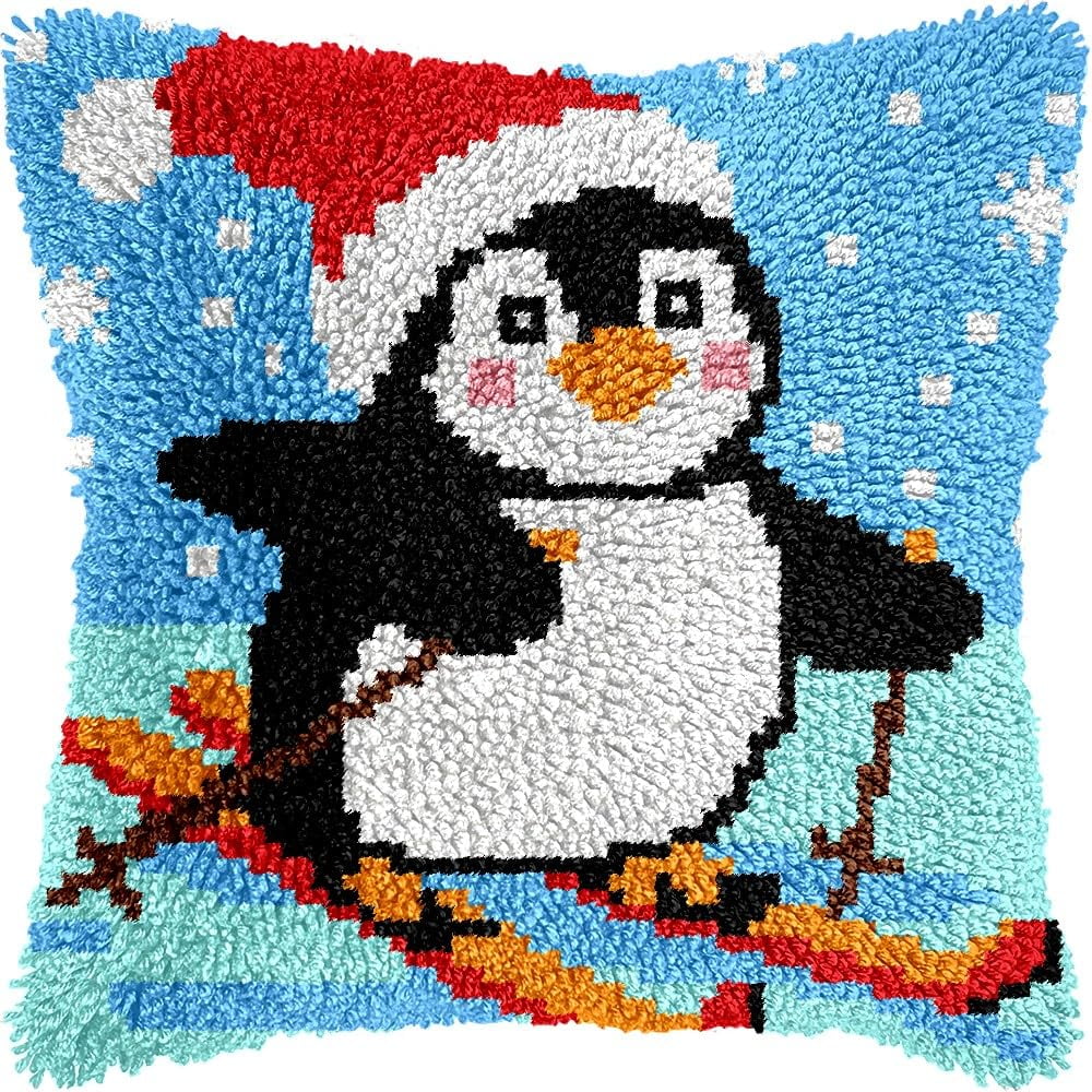 Christmas Skiing Penguin Latch Hook Pillow Cover Kits for DIY Handmade Throw Pillow Cross Stitch Latch Hooking Pillowcase Kits with Preprinted Color Pattern Canvas Crochet Yarn Kits 17''X 17''(7-194)