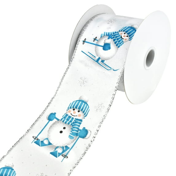 Christmas Skiing Snowmen Wired Ribbon, 2-1/2-Inch, 10-Yard - Blue