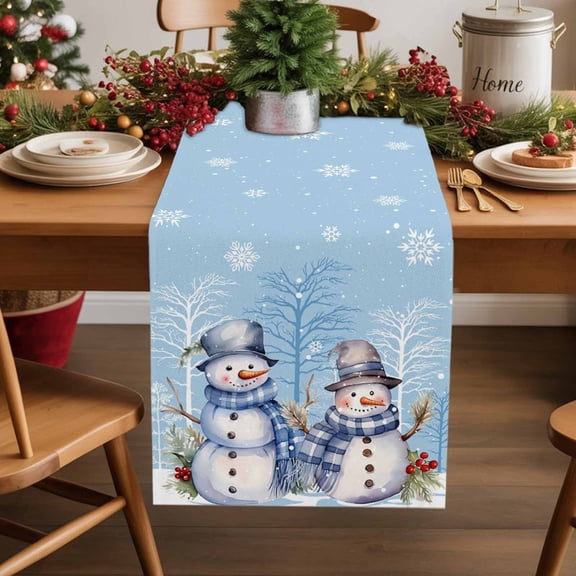 Christmas Sky Cotton Linen Table Runner Snowflake Snowman Dining Table Runners for Home Decor Party Dining Room Restaurant Kitchen Party 13" x 108"