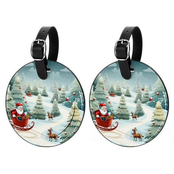 Christmas Sled 2pcs PU Leather Round Bag Tags Suitcase Handbag Tags with Privacy Cover and Name ID Tag for Travel Luggage, Handbags, Backpacks, School Bags