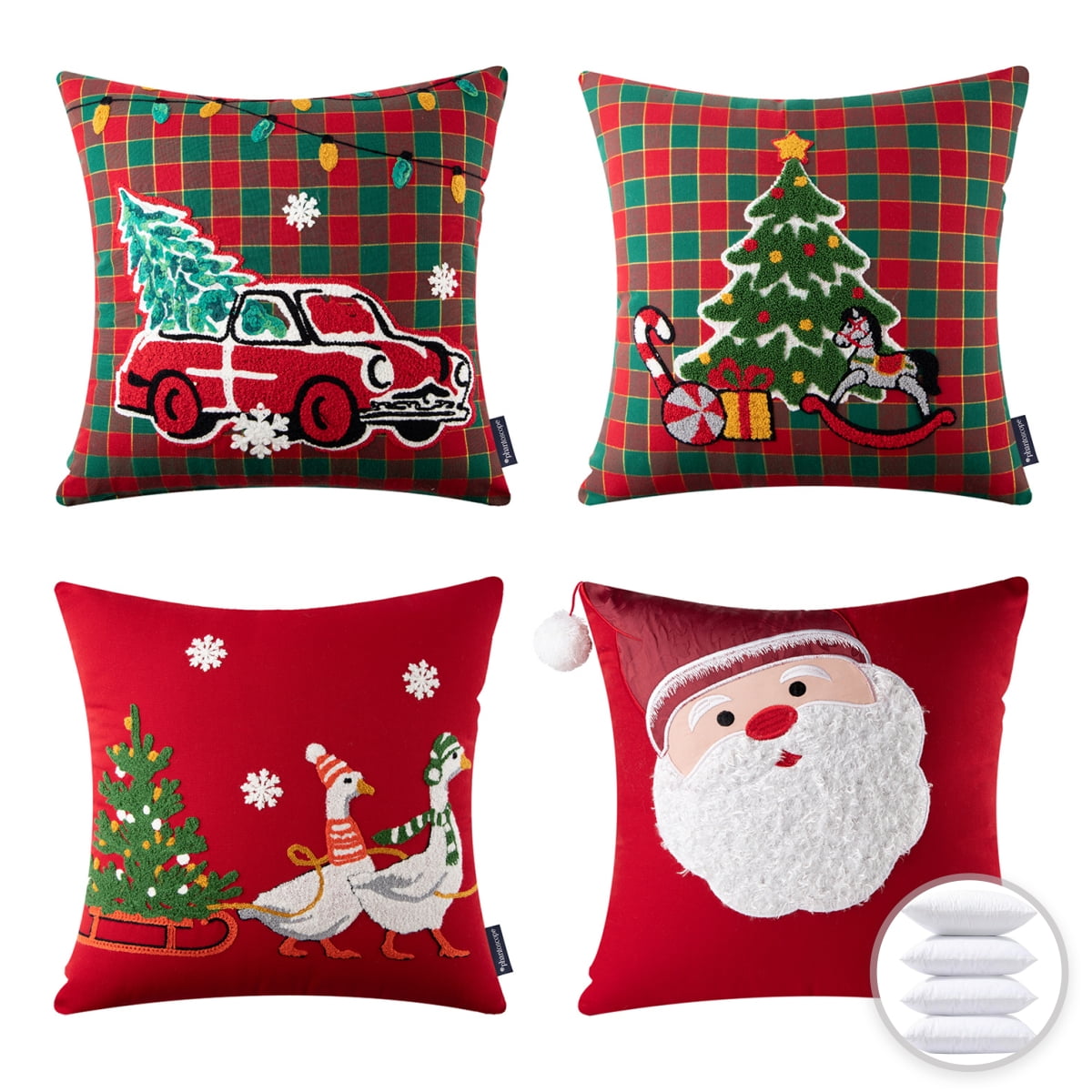Christmas Sled and Tree Embroidered Decorative Holiday Series Throw Pillow with inserts, Red, 18" x 18", Set of 4