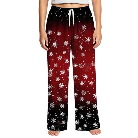 Christmas Sleep Pants for Women Snowflakes Elastic High Waist Drawstring Sleep Pants Wide Leg Soft Loose Xmas Sleep Pants, S