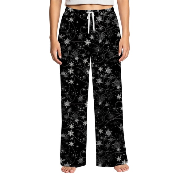 Christmas Sleep Pants for Women Snowflakes Wide Leg Elastic High Waist Loungewear Drawstring Soft Holiday Festive Xmas Sleep Pants, 2XL