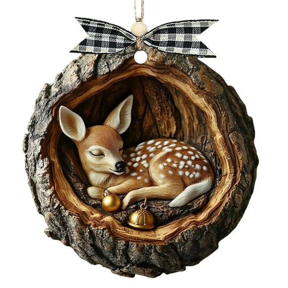 Christmas Sleeping Deer Ornament Acrylic 2D Fawn Log Nest Hanging Decor Rustic Holiday Woodland Style 3.1in