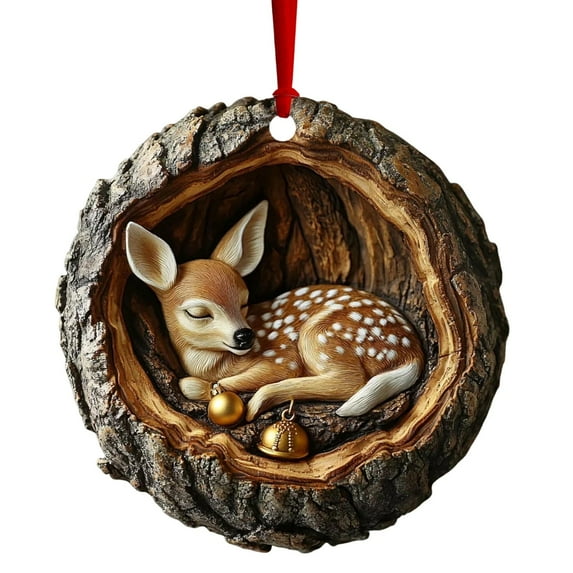 Christmas Sleeping Deer Ornament Acrylic 2D Fawn Log Nest Hanging Decor Rustic Holiday Woodland Style 3.1in