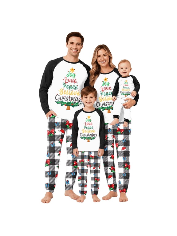 Christmas Sleepwear, Family Matching Christmas Pajamas Set, Joy Love Peace Holiday Letter Long Sleeve Tops With Plaid Pants, Coordinated Winter Sleepwear for Christmas and Family Lounge Wear, 90