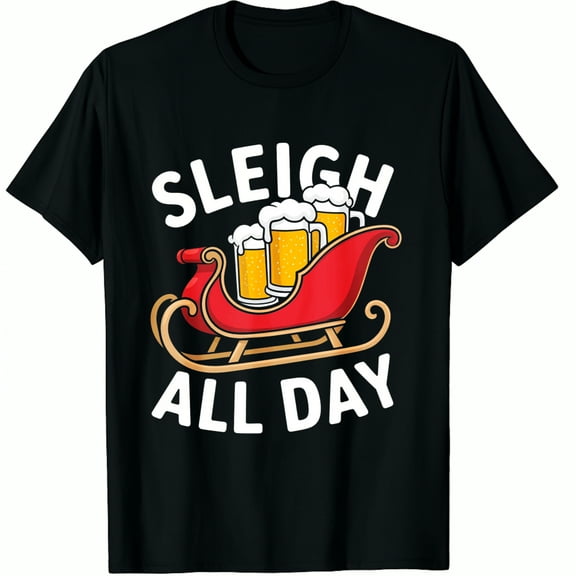 Christmas Sleigh Beer Design Holiday Party Wear Black Funny Graphic T-Shirt for Men and Women