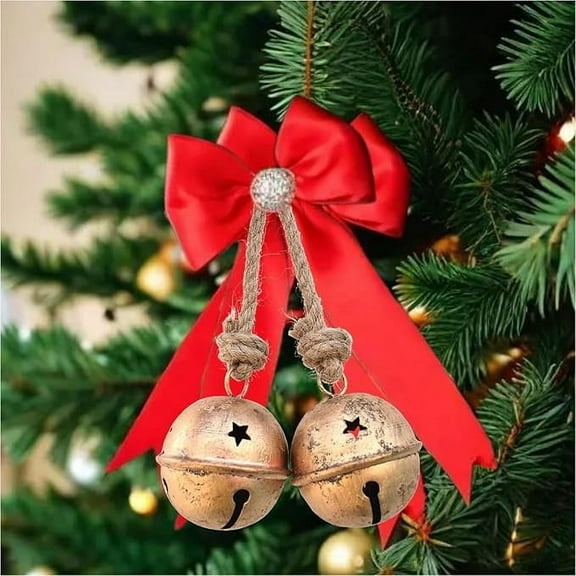 Christmas Sleigh Bells, Hanging Bells Vintage Cowbell Brass Gold Rustic Harmony Metal Jingle Bells Cluster, Tree Bells on Jute Rope, Christmas Decor Ornaments