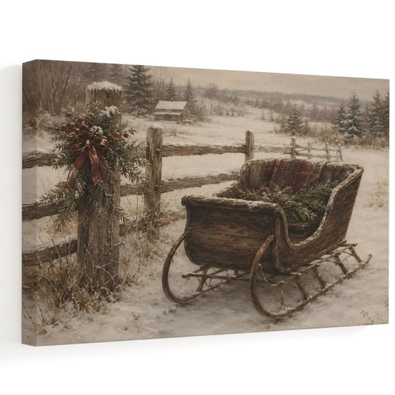 Christmas Sleigh Canvas Wall Art 10" x 8" Winter Vintage Farmhouse Wreath Pine Tree Snow Frame Picture Prints, Ready to Hang Waterproof Artwork Decor for Bathroom, Kitchen Small Wall Spaces