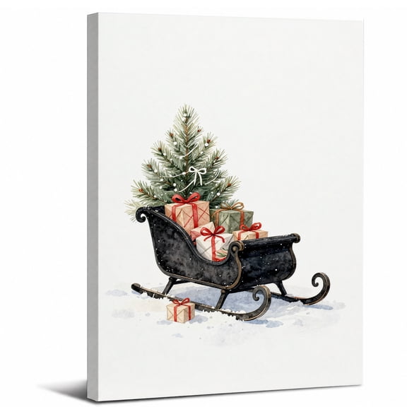 Christmas Sleigh Canvas Wall Art Framed,Gift Boxes and Small Pine Tree Landscape canvas print for bathroom bedroom or living room decor,8x12in