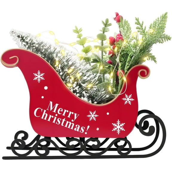 Fulex Christmas Sleigh Decor with Pine Tree Red Berries and Snow Iron Winter Red Santa Sleigh for Xmas Table Fireplace Home Decoration,Red